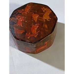 Vintage Hand Painted Papier Mache Trinket Box Small Brown Folk Wildlife Art